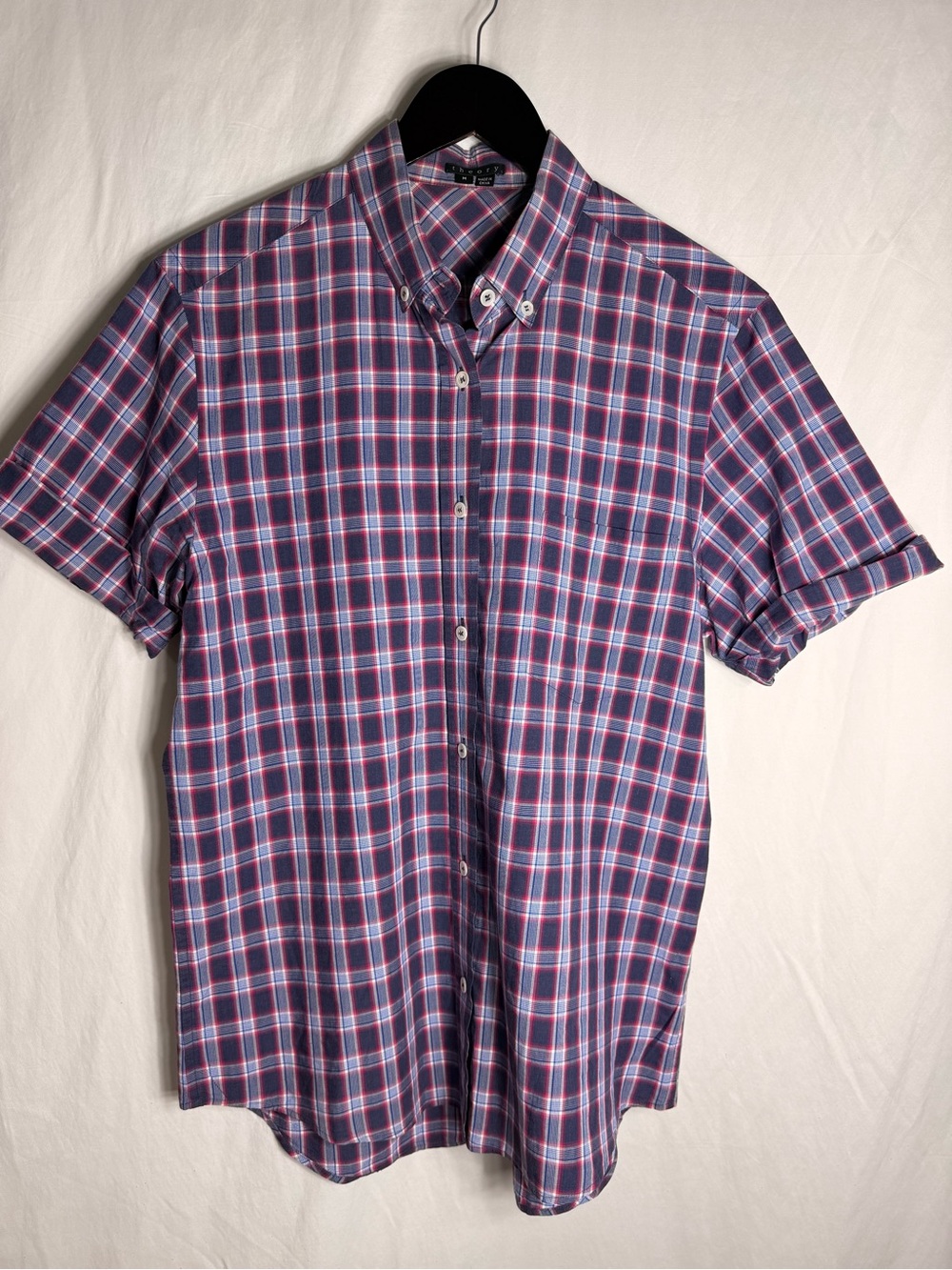 Theory Arrian York St Magenta Blue Plaid Short Sleeve Shirt Size Medium